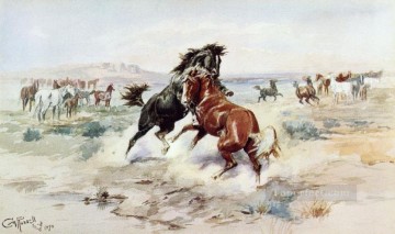 Die Herausforderung 2 1898 Charles Marion Russell Pferd Ölgemälde